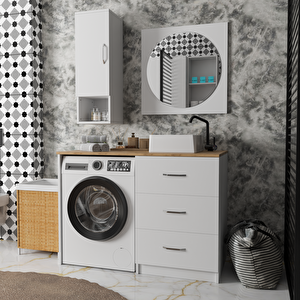 120 Cm Çekmeceli Banyo Dolabı Takımı - Alt Modül, Ayna, Yan Dolap Ve Lavabo Dahil