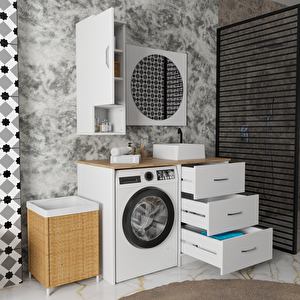 120 Cm Çekmeceli Banyo Dolabı Takımı - Alt Modül, Ayna, Yan Dolap Ve Lavabo Dahil