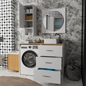 120 Cm Çekmeceli Banyo Dolabı Takımı - Alt Modül, Ayna, Yan Dolap Ve Lavabo Dahil