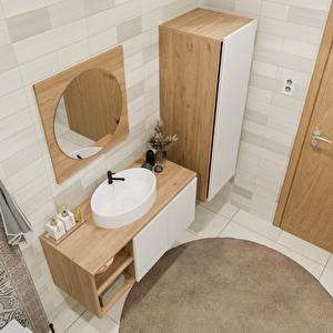 100 Cm Boy Dolaplı Banyo Dolabı Takımı - Alt Dolap, Ayna, Boy Dolap Ve Lavabo Dahil