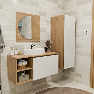 100 Cm Boy Dolaplı Banyo Dolabı Takımı - Alt Dolap, Ayna, Boy Dolap Ve Lavabo Dahil