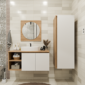 100 Cm Boy Dolaplı Banyo Dolabı Takımı - Alt Dolap, Ayna, Boy Dolap Ve Lavabo Dahil