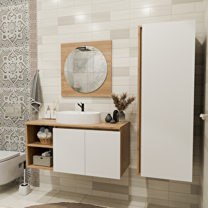 100 Cm Boy Dolaplı Banyo Dolabı Takımı - Alt Dolap, Ayna, Boy Dolap Ve Lavabo Dahil