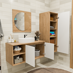 100 Cm Boy Dolaplı Banyo Dolabı Takımı - Alt Dolap, Ayna, Boy Dolap Ve Lavabo Dahil