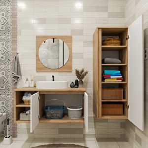 100 Cm Boy Dolaplı Banyo Dolabı Takımı - Alt Dolap, Ayna, Boy Dolap Ve Lavabo Dahil