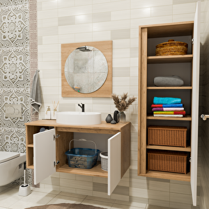 100 Cm Boy Dolaplı Banyo Dolabı Takımı - Alt Dolap, Ayna, Boy Dolap Ve Lavabo Dahil