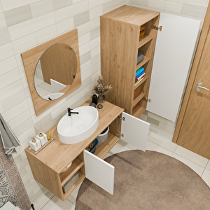 100 Cm Boy Dolaplı Banyo Dolabı Takımı - Alt Dolap, Ayna, Boy Dolap Ve Lavabo Dahil