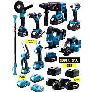 Kömürsüz 10'lu Set Teleskopik Kırıcı-matkap-dekupaj-daire Testere-budama Testeresi-makas-taşlama-somun Sökme-led Aydınlatma