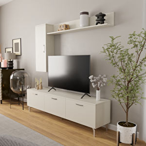 Luno Dolaplı Tv Ünitesi - Beyaz Renkli, Üst Dolap Ve Raf Dahil