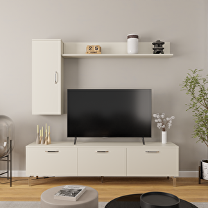 Luno Dolaplı Tv Ünitesi - Beyaz Renkli, Üst Dolap Ve Raf Dahil