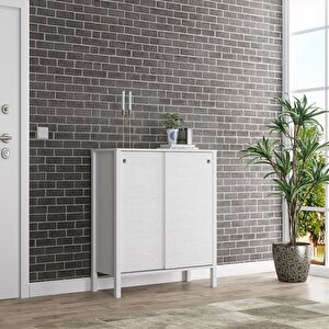 Venezia 2 Sürgülü Kapaklı, Ahşap Ayaklı, Premium Ayakkabılık, Çok Amaçlı Dolap - Minifiks - Wood Beyaz
