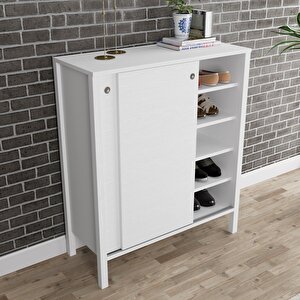 Venezia 2 Sürgülü Kapaklı, Ahşap Ayaklı, Premium Ayakkabılık, Çok Amaçlı Dolap - Minifiks - Wood Beyaz