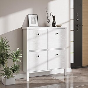 Venezia 4 Kapaklı, Ahşap Ayaklı, Premium Ayakkabılık, Çok Amaçlı Dolap - Minifiks - Wood Beyaz