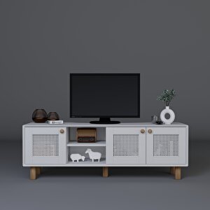 Bohem Serisi Natura Mat Beyaz Pvc Hasır Desen Tv Ünitesi