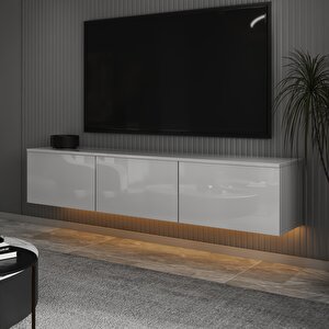 T0020 Alston 3 Kapaklı Duvara Monte Tv Ünitesi – Led Işıklı, Modern Tasarım, 160 Cm, Parlak Beyaz Parlak Beyaz