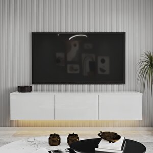 T0020 Alston 3 Kapaklı Duvara Monte Tv Ünitesi – Led Işıklı, Modern Tasarım, 160 Cm, Parlak Beyaz Parlak Beyaz