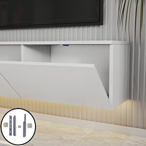 T0020 Alston 3 Kapaklı Duvara Monte Tv Ünitesi – Led Işıklı, Modern Tasarım, 160 Cm, Parlak Beyaz