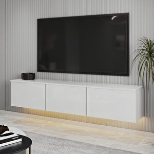 T0020 Alston 3 Kapaklı Duvara Monte Tv Ünitesi – Led Işıklı, Modern Tasarım, 160 Cm, Parlak Beyaz