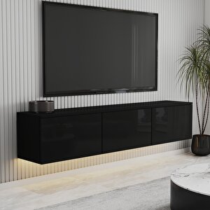 T0020 Alston 3 Kapaklı Duvara Monte Tv Ünitesi – Led Işıklı, Modern Tasarım, 160 Cm, Parlak Siyah Parlak Siyah