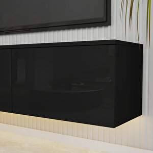 T0020 Alston 3 Kapaklı Duvara Monte Tv Ünitesi – Led Işıklı, Modern Tasarım, 160 Cm, Parlak Siyah Parlak Siyah