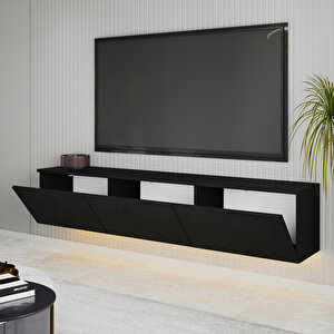 T0020 Alston 3 Kapaklı Duvara Monte Tv Ünitesi – Led Işıklı, Modern Tasarım, 160 Cm, Parlak Siyah Parlak Siyah