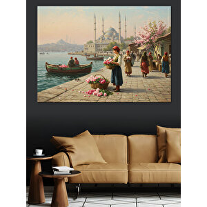 Lalelerle İstanbul Gün Doğumu Dekoratif Kanvas - Mdf Ahşap Tablo 35x50 cm