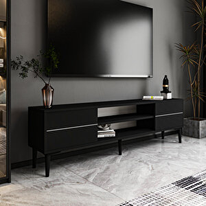 Aragon Modern Tv Sehpası – 140 Cm, 2 Kapaklı + 2 Açık Raflı, Siyah & Beyaz Renk Seçenekli Tv Ünitesi, Siyah Siyah