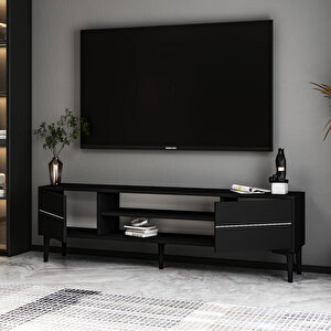 Aragon Modern Tv Sehpası – 140 Cm, 2 Kapaklı + 2 Açık Raflı, Siyah & Beyaz Renk Seçenekli Tv Ünitesi, Siyah Siyah