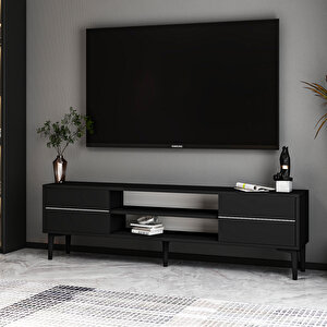 Aragon Modern Tv Sehpası – 140 Cm, 2 Kapaklı + 2 Açık Raflı, Siyah & Beyaz Renk Seçenekli Tv Ünitesi, Siyah Siyah