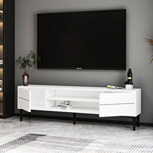 Aragon Modern Tv Sehpası – 140 Cm, 2 Kapaklı + 2 Açık Raflı, Siyah & Beyaz Renk Seçenekli Tv Ünitesi, Beyaz Beyaz