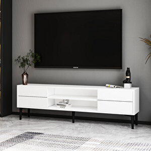 Aragon Modern Tv Sehpası – 140 Cm, 2 Kapaklı + 2 Açık Raflı, Siyah & Beyaz Renk Seçenekli Tv Ünitesi, Beyaz Beyaz