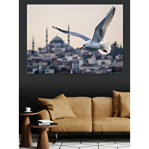 Uçan Martı Ve İstanbul Silueti Dekoratif Kanvas - Mdf Ahşap Tablo 100x140 cm