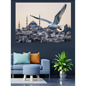Uçan Martı Ve İstanbul Silueti Dekoratif Kanvas - Mdf Ahşap Tablo 100x140 cm