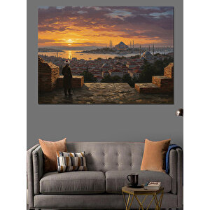 Gün Batımında İstanbul Silueti Dekoratif Kanvas - Mdf Ahşap Tablo 35x50 cm
