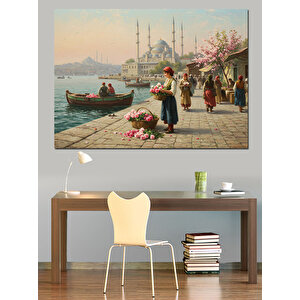 Lalelerle İstanbul Gün Doğumu Dekoratif Kanvas - Mdf Ahşap Tablo 100x140 cm