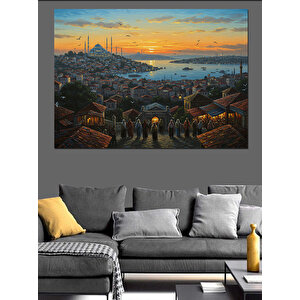 Tepeden İstanbul Manzarası Akşamı Dekoratif Kanvas - Mdf Ahşap Tablo