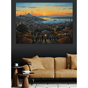 Tepeden İstanbul Manzarası Akşamı Dekoratif Kanvas - Mdf Ahşap Tablo