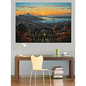 Tepeden İstanbul Manzarası Akşamı Dekoratif Kanvas - Mdf Ahşap Tablo 25x35 cm