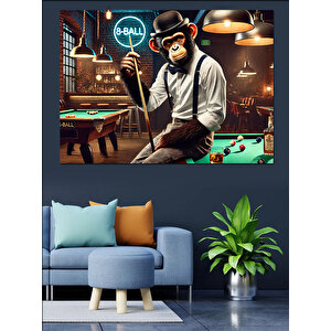 Bilardo Oynayan Şapkalı Maymun Dekoratif Kanvas - Mdf Ahşap Tablo 100x140 cm