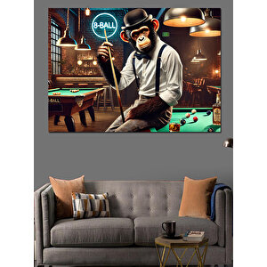 Bilardo Oynayan Şapkalı Maymun Dekoratif Kanvas - Mdf Ahşap Tablo 25x35 cm