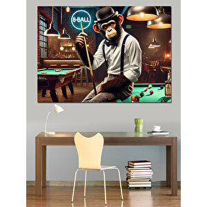 Bilardo Oynayan Şapkalı Maymun Dekoratif Kanvas - Mdf Ahşap Tablo 25x35 cm