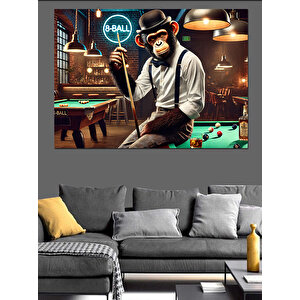 Bilardo Oynayan Şapkalı Maymun Dekoratif Kanvas - Mdf Ahşap Tablo