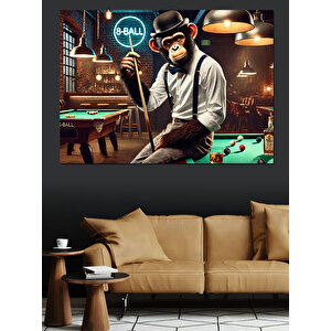 Bilardo Oynayan Şapkalı Maymun Dekoratif Kanvas - Mdf Ahşap Tablo