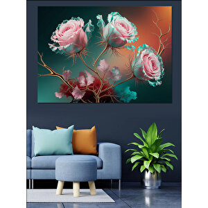 Pembe Renkli Gül Buketi Dekoratif Kanvas - Mdf Ahşap Tablo 70x100 cm