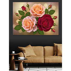 Pembe Kırmızı Gül Kompozisyonu Dekoratif Kanvas - Mdf Ahşap Tablo 70x100 cm