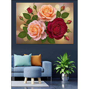 Pembe Kırmızı Gül Kompozisyonu Dekoratif Kanvas - Mdf Ahşap Tablo 70x100 cm