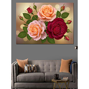 Pembe Kırmızı Gül Kompozisyonu Dekoratif Kanvas - Mdf Ahşap Tablo 70x100 cm