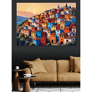 Renkli Sahil Kasabası Evleri Dekoratif Kanvas - Mdf Ahşap Tablo 100x140 cm
