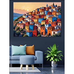 Renkli Sahil Kasabası Evleri Dekoratif Kanvas - Mdf Ahşap Tablo 100x140 cm