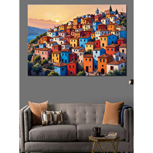Renkli Sahil Kasabası Evleri Dekoratif Kanvas - Mdf Ahşap Tablo 100x140 cm